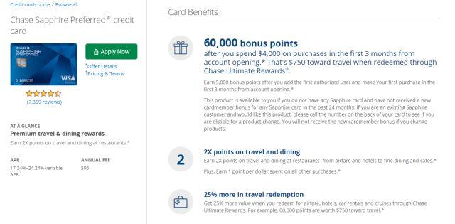 《北美信用卡推荐 - 传统神卡蓝宝石Chase Sapphire Preferred（60+5K史高奖励来袭！）》