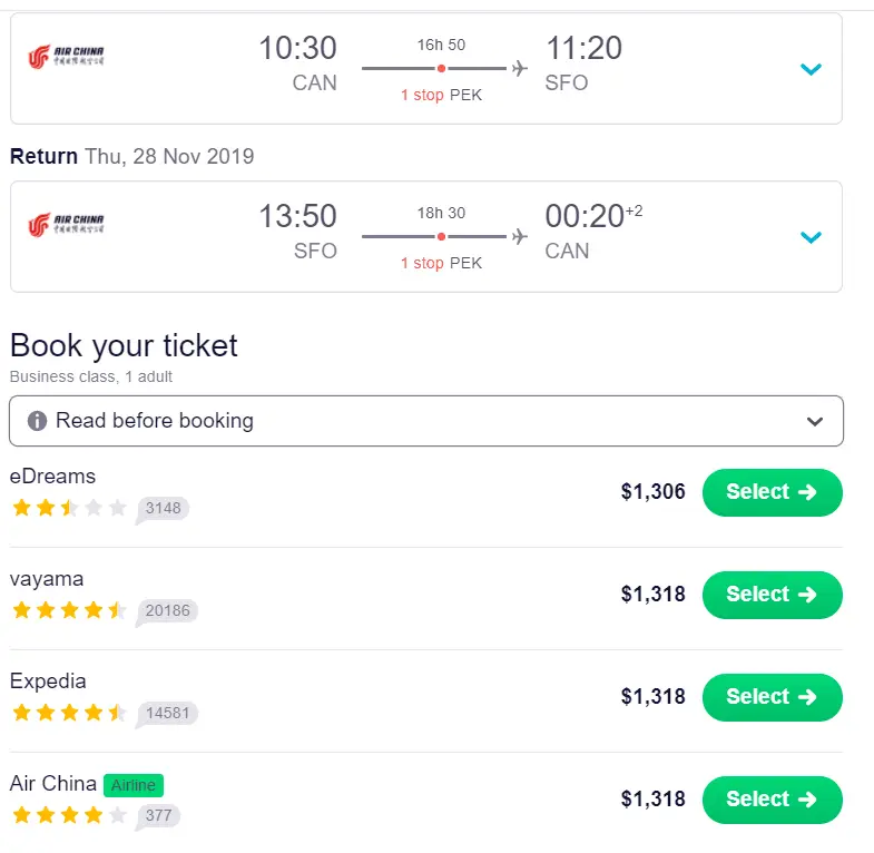 性价比非常不错的1300美元商务舱机票往返中美