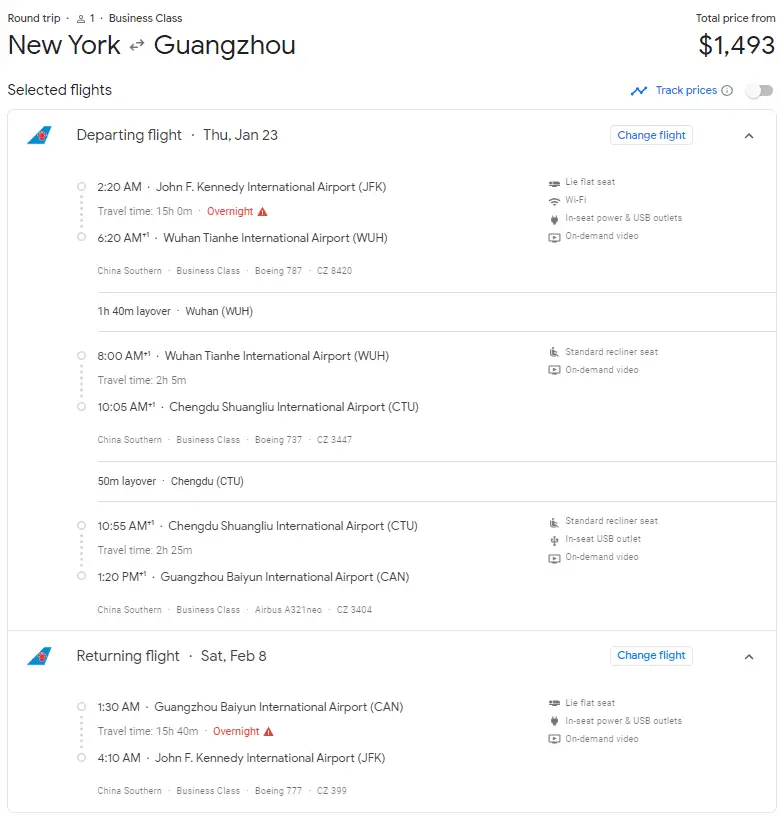 回家过年神票 - 南航实际成本1200美元的中美往返商务来了