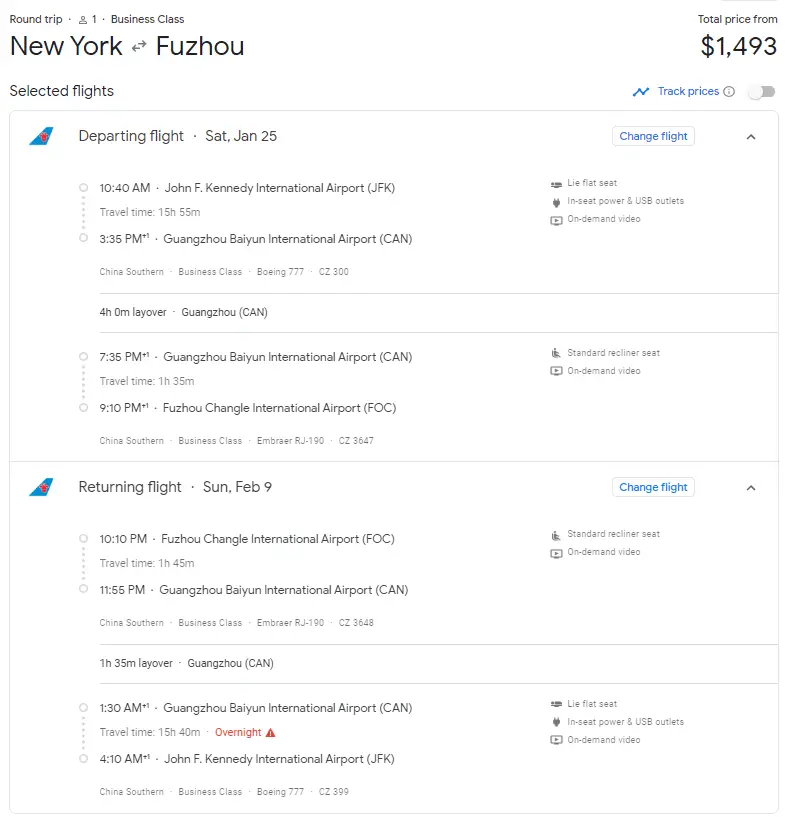 回家过年神票 - 南航实际成本1200美元的中美往返商务来了