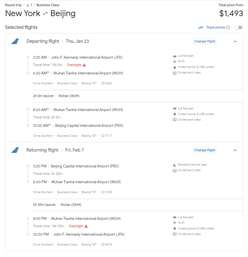 回家过年神票 - 南航实际成本1200美元的中美往返商务来了