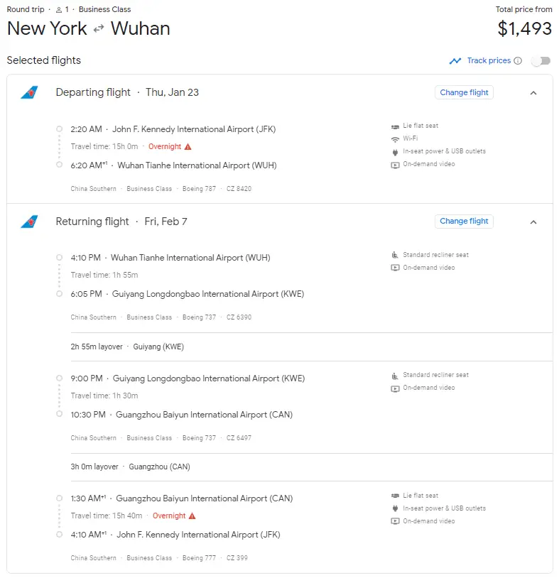 回家过年神票 - 南航实际成本1200美元的中美往返商务来了