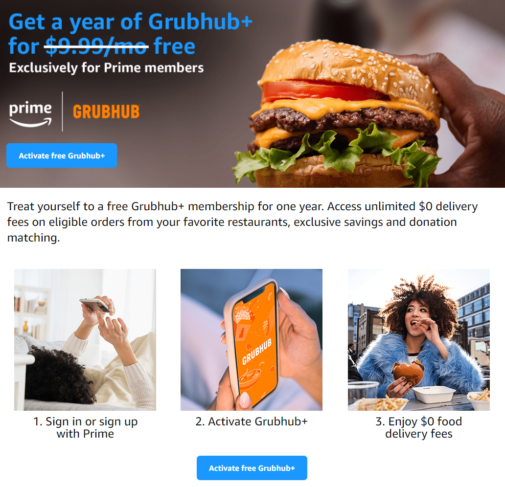 《Amazon Prime会员免费送一年Grubhub+会员啦！》