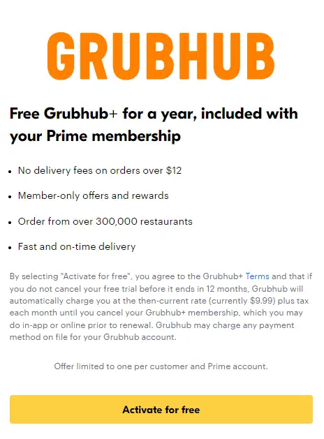 《Amazon Prime会员免费送一年Grubhub+会员啦！》