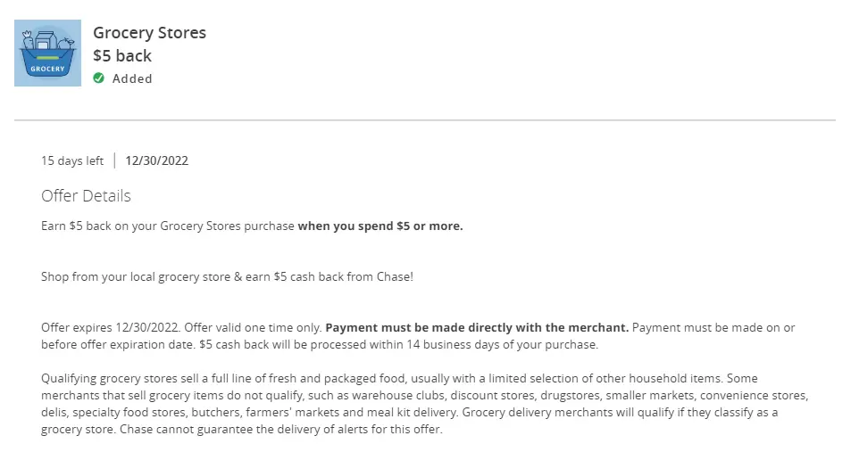 Chase送钱Offer，Grocery消费返5美元