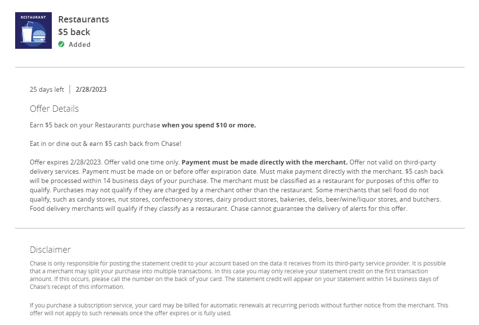 Chase送钱Offer，餐厅消费返5美元