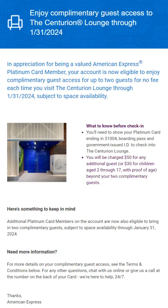 【Amex发邮件，部分用户可免费带同行人至2024年】年费大涨还要砍福利，Amex Platinum一大休息室重要权益将被消除