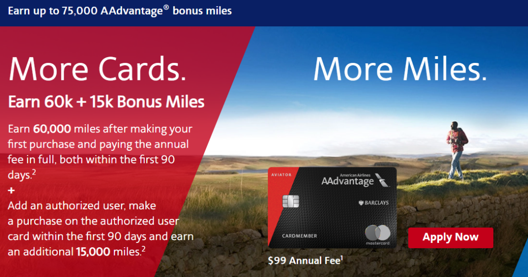 《开卡后完成两笔任意消费即可获得中美往返机票 - Barclaycard AAdvantage Aviator Red【75K史高奖励】》