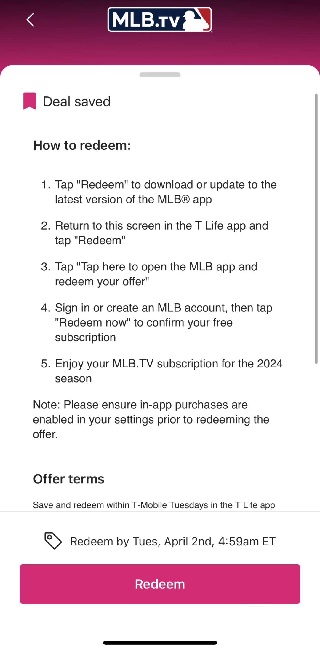 《【4月1日结束】T-Mobile免费送一年MLB.TV会员啦！》