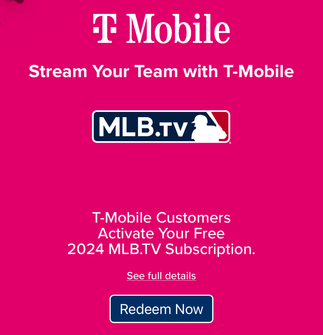 《【4月1日结束】T-Mobile免费送一年MLB.TV会员啦！》