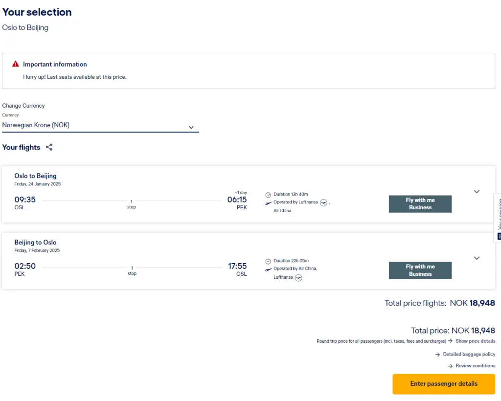 堪比Bug，汉莎航空2024年Companion Special大促销，双人欧中商务舱往返总价居然只需要1800美元！