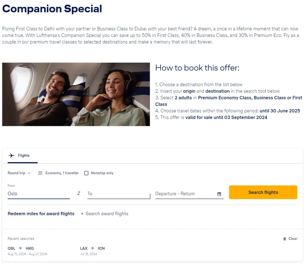 堪比Bug，汉莎航空2024年Companion Special大促销，双人欧中商务舱往返总价居然只需要1800美元！