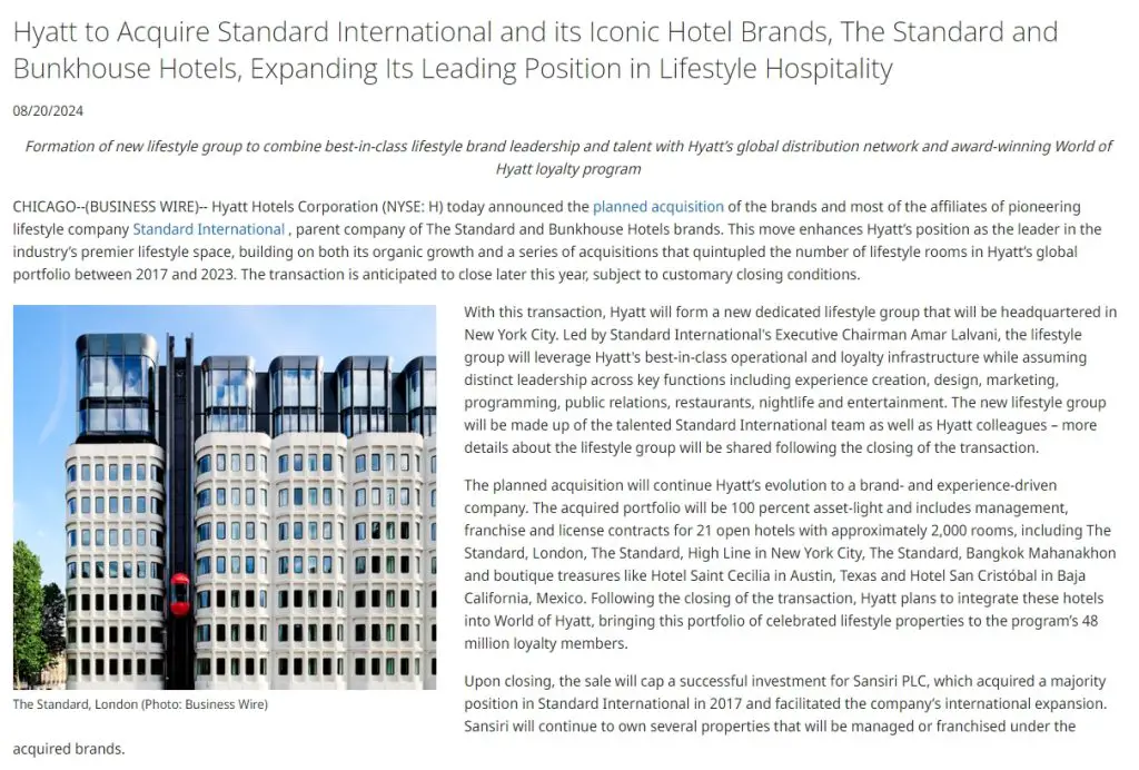 凯悦正式官宣，收购Standard Hotels及旗下多个品牌，版图和品牌数目继续扩张
