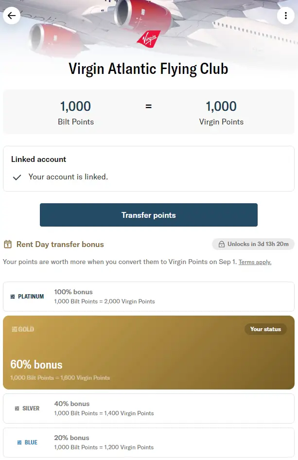 房租神卡Bilt 9月Rent Day：转点至Virgin Atlantic和Avianca Lifemiles均有额外加赠