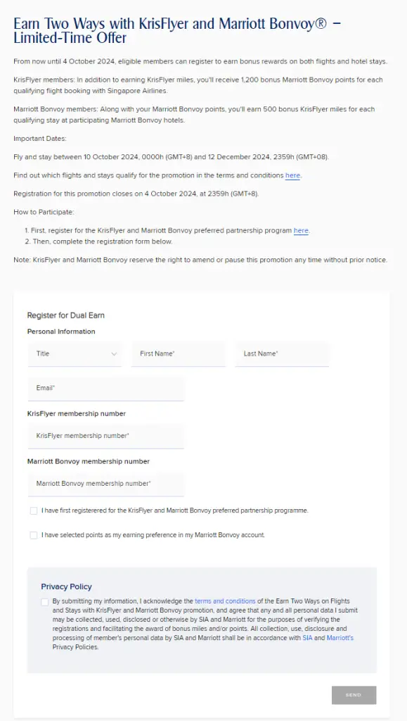 万豪和新航推出Cross Earning Promotion，赶快注册，享受额外积分加赠