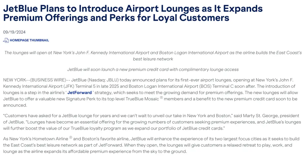 JetBlue大量好消息:将推出机场休息室、全新高端联名卡,高级会员福利升级 1 JetBlue大量好消息:将推出机场休息室、全新高端联名卡,高级会员福利升级