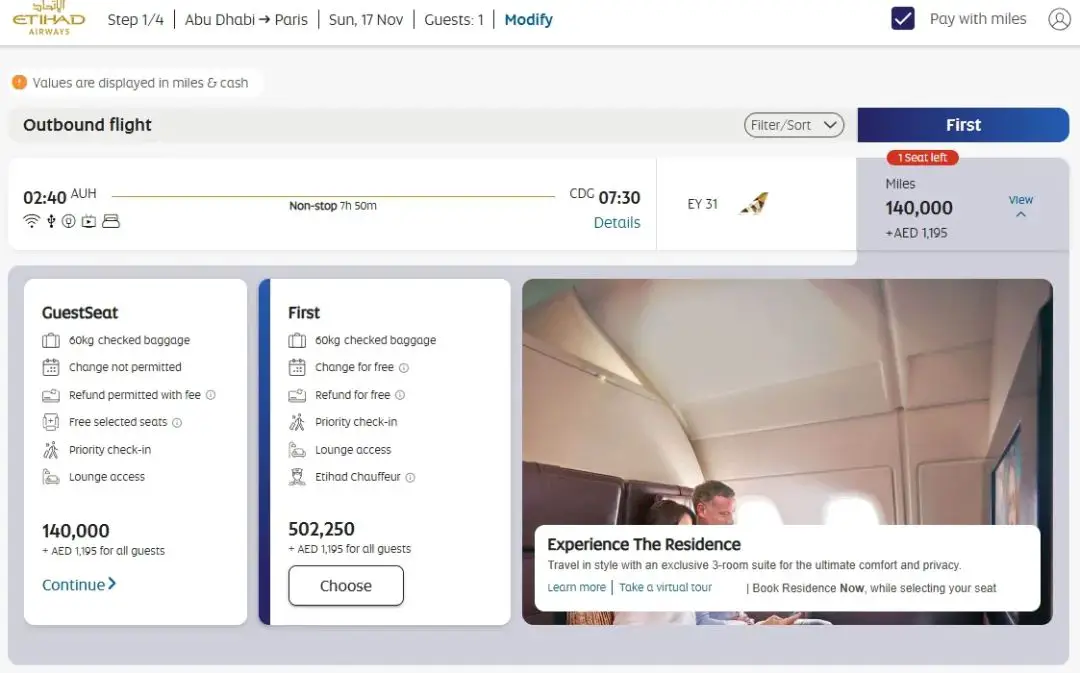 62.5K点数拿下最奢华体验！10小时空中公寓头等舱飞行，海量日期可选，还能万米高空洗澡！