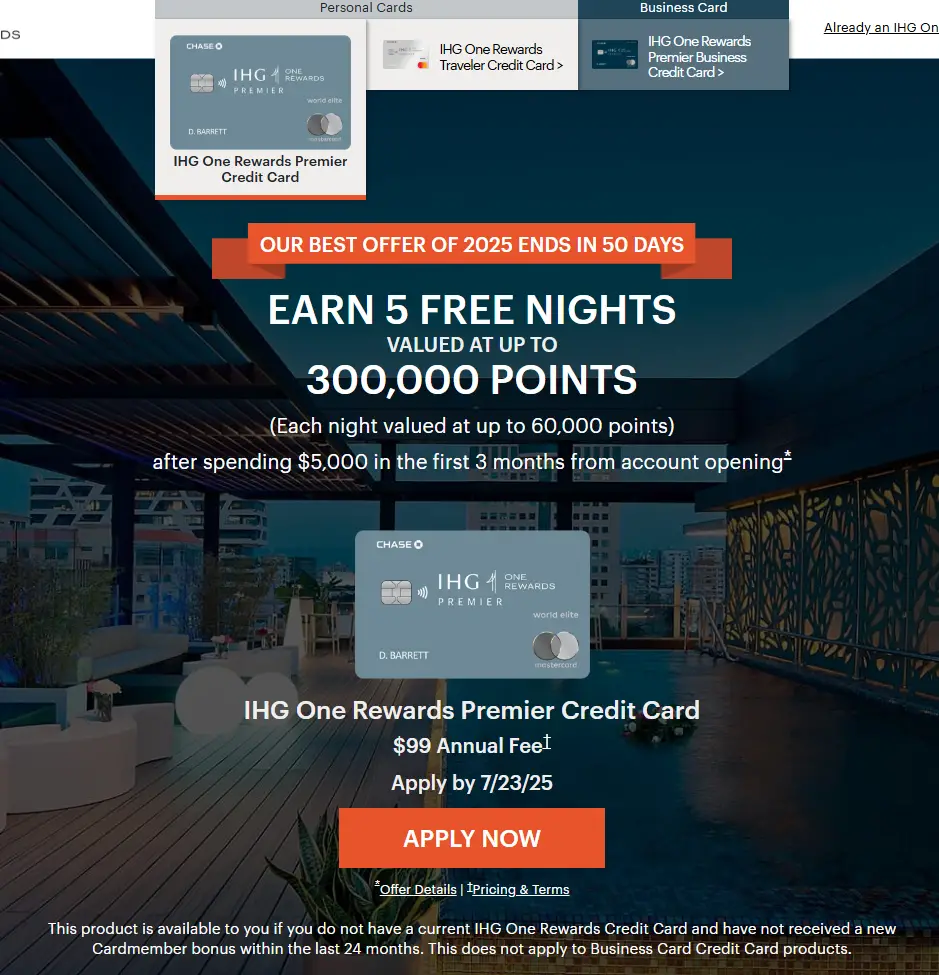 直接赠送白金会籍 & 5张60K免房券史高开卡奖励回归 - Chase IHG Premier信用卡 2 直接赠送白金会籍 & 5张60K免房券史高开卡奖励回归 - Chase IHG Premier信用卡
