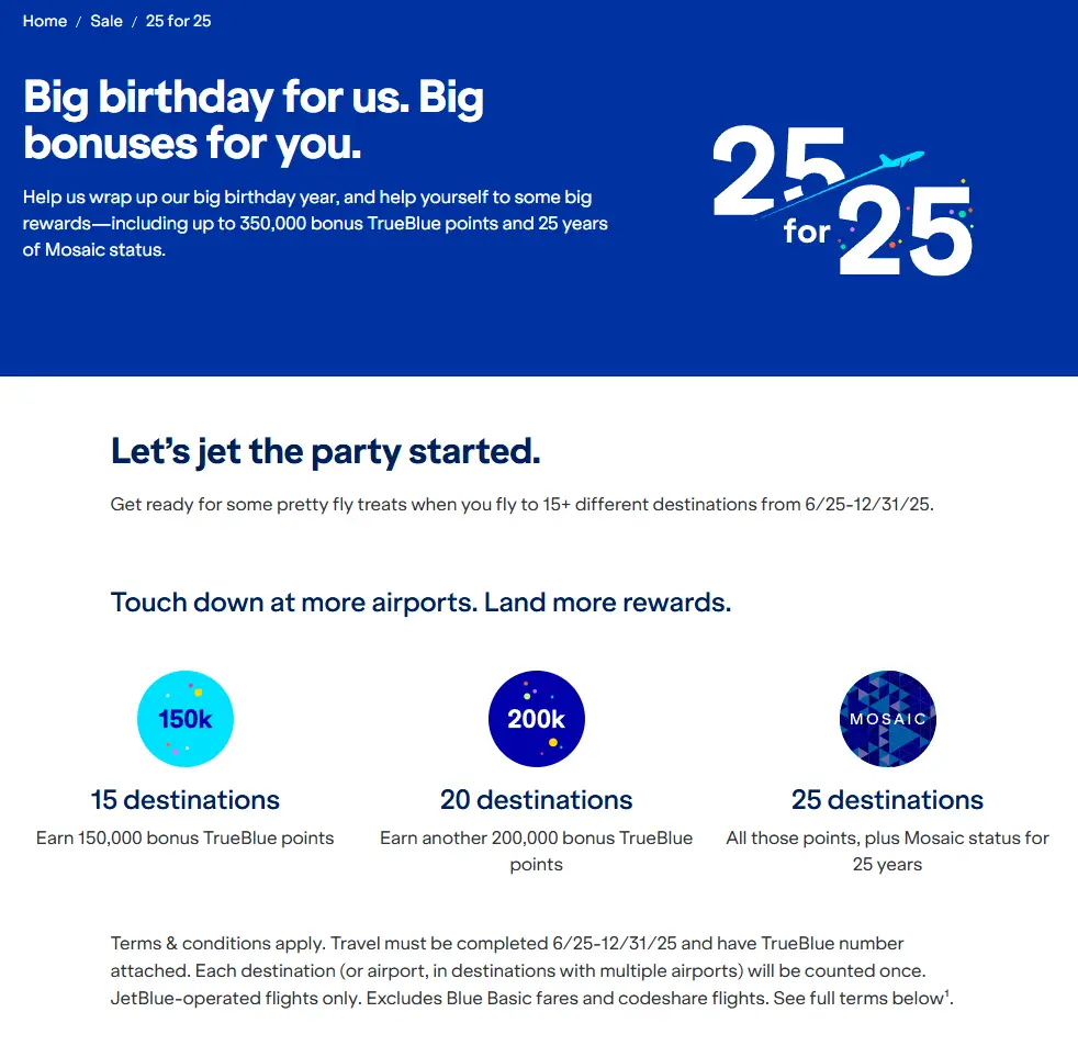 赠送高级会籍整整25年 + 350K里程,JetBlue的25 for 25周年活动也太疯狂了 1 赠送高级会籍整整25年 + 350K里程,JetBlue的25 for 25周年活动也太疯狂了