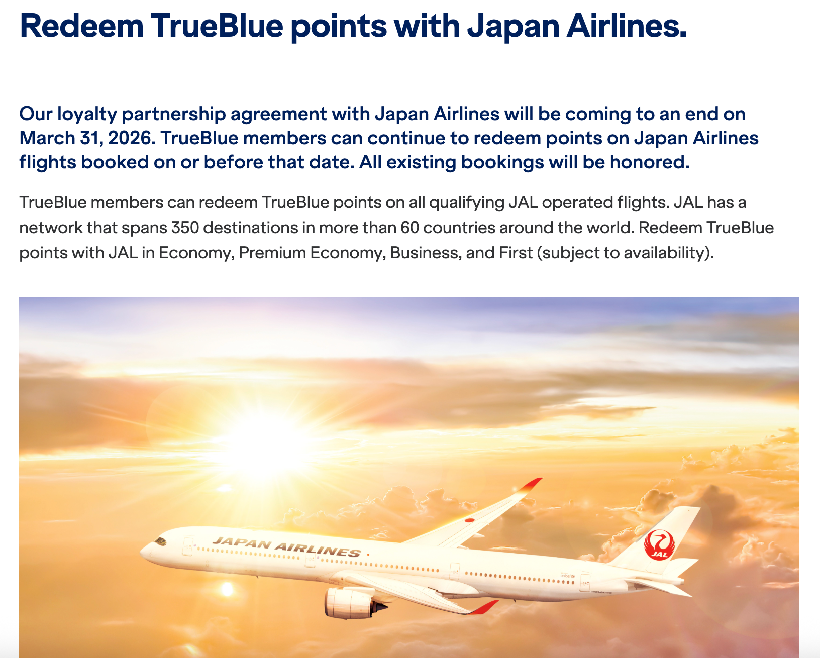 JAL和JetBlue合作不到一年就黄了：里程党坏消息来了，各种神级兑换要没了