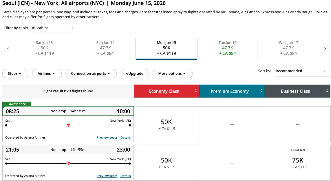 韩亚航空美东罕见超大放票，贯穿整个航季，65K点数或1100美元拿下中美商务舱